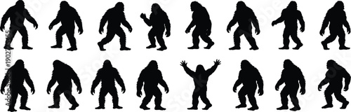 Bigfoot silhouette collection, walking sasquatch poses, mythical creature black vector illustration set for folklore, mystery, and design