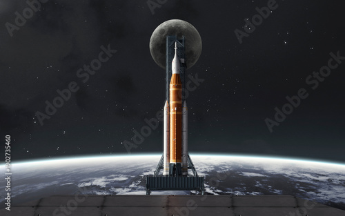 The Artemis II Space Launch System (SLS) mega-rocket awaits launch on the pad with the Moon centered behind its tip, symbolizing humanity's return to the lunar surface
