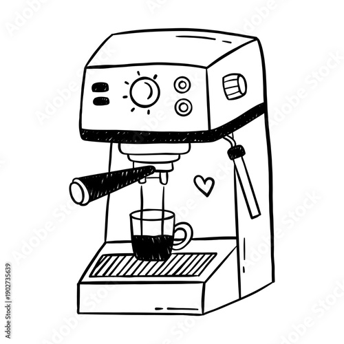 Vector illustration of hand drawn espresso machine with cup and heart symbol, cute black and white doodle coffee maker for cafe logo, menu, poster, kitchen print and modern barista design.