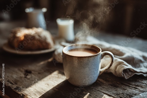 Warm morning tea on a vintage wooden table with soft focus and bokeh backdrop