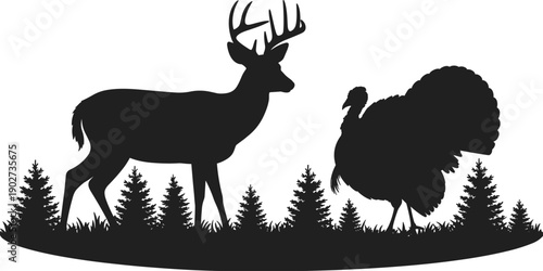 Deer and turkey silhouette scene, black wildlife animals in forest landscape vector illustration isolated on white background