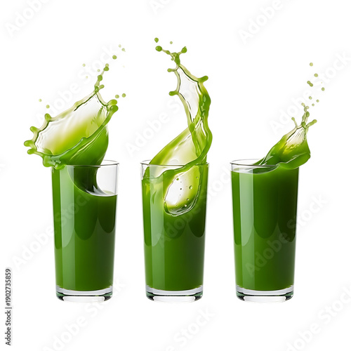 Green Juice Splashing from Three Glasses