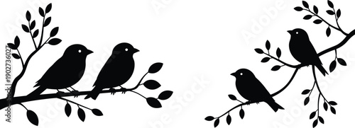Bird silhouettes on tree branches, black perched songbird shapes with leaves, romantic nature wildlife illustration, minimalist decorative vector design