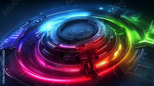 abstract futuristic ai technology background loop, colorful digital data visualization with copyspace, hightech holographic interface animation