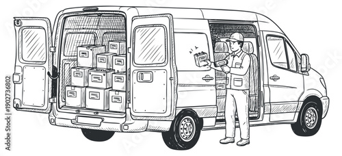 A delivery van with an open back filled with boxes and a delivery person in outline vector style, ideal for logistics and transportation themes