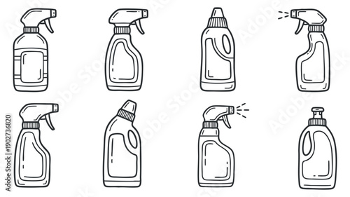 A collection of various cleaning spray bottles in black outline vector style, ideal for cleaning product branding and packaging