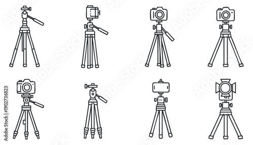 A collection of photography tripods and camera equipment in minimalist outline vector style, suitable for photography and videography projects