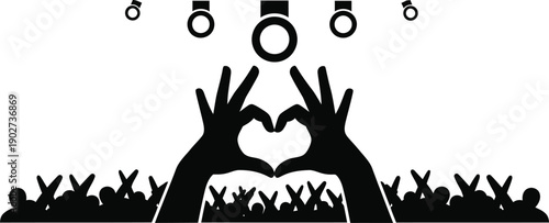 Two hands forming a heart shape. Community, love, and unity with cheering crowd at a concert, party for  volunteering, support, and charity. 