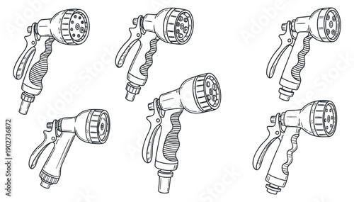 A collection of five different garden hose spray nozzles in clean black outline vector style, suitable for gardening and landscaping projects