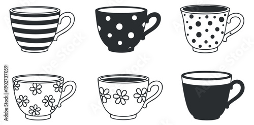 A collection of six decorative cups with various patterns in black and white vector style, suitable for kitchen and cafe designs