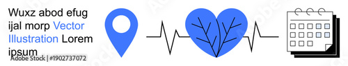 Medical care, appointment setting, health tracking, wellness planning, navigation services, scheduling tools. Blue heart with veins, heartbeat line calendar and location icon. Medical care
