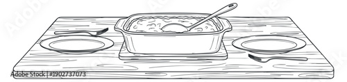 A serving dish with a spoon on a wooden table with two small sauce bowls in black and white outline vector style, ideal for restaurant menus and culinary illustrations