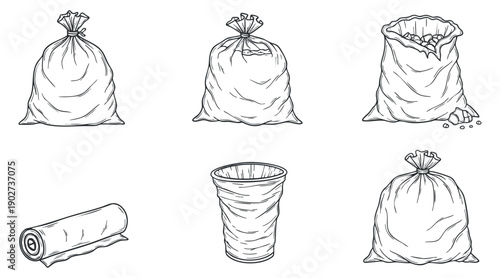 A collection of various types of bags and sacks in black and white outline vector style, suitable for waste disposal and recycling designs