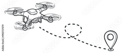 A drone flying with a dashed line indicating a path to a location pin in outline vector style, suitable for technology and mapping projects