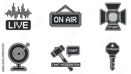 A set of live streaming and broadcasting icons featuring a microphone, on air sign, camera, and moderation tools in a minimalist black and white vector style, ideal for digital media projects
