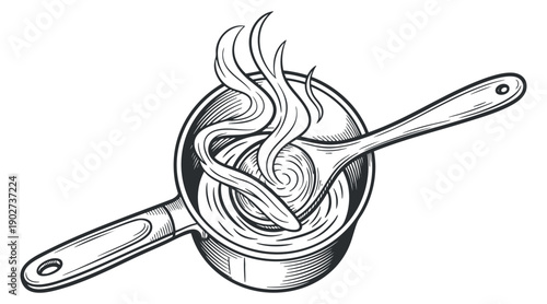 A bowl of steaming noodles with a spoon in black and white hand-drawn vector style, ideal for culinary illustrations or restaurant menus
