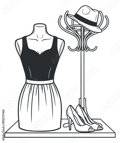 A stylish dress on a mannequin with a hat and high heels in minimalist black and white vector style, ideal for fashion retail branding