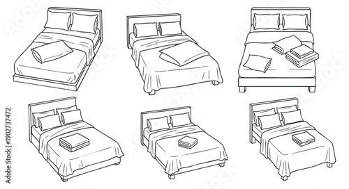 A collection of six outline illustrations of beds in various styles and arrangements, in minimalist vector style, suitable for interior design projects