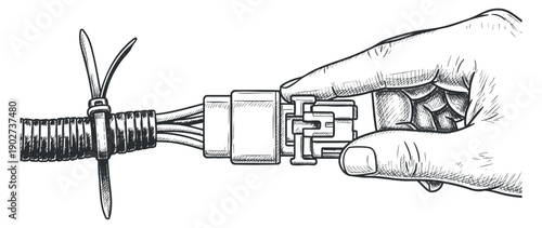 A hand connecting a cable to a connector in detailed line art style, perfect for technical illustrations and educational materials