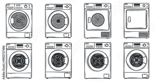 A collection of washing machines and dryers in black and white outline vector style, ideal for home appliance design projects