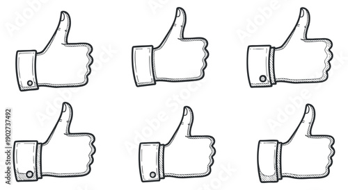 A set of hand gesture thumbs up icons in black and white outline vector style, suitable for social media and digital communication