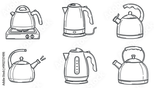 A set of various kettles including electric and traditional designs in black and white minimalist vector style, perfect for kitchen illustrations and branding