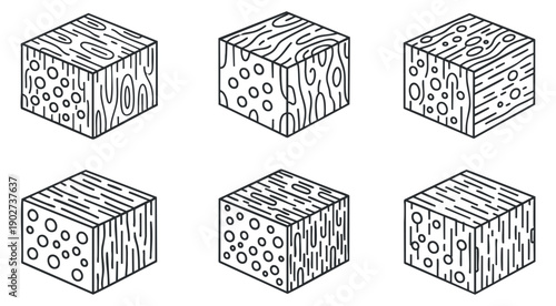 A collection of six wooden block textures in clean black and white outline vector style, ideal for design and crafting projects