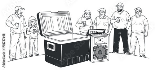 A group of friends gathered around a cooler and portable speakers in black and white vector style, perfect for outdoor gatherings and parties