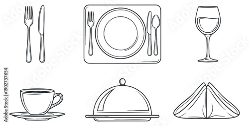 A collection of dining elements including cutlery, plates, and glasses in minimalist black and white outline vector style, suitable for restaurant menus and culinary designs