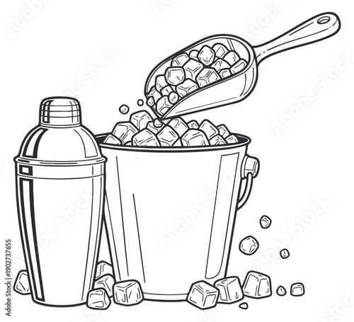 An ice bucket with ice cubes and a scooper in outline vector style, ideal for bar and cocktail designs