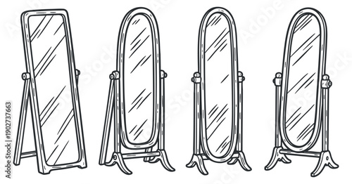 A set of four full-length mirrors in various styles and shapes, outlined in black and white minimalist vector design, ideal for home decor and interior design projects