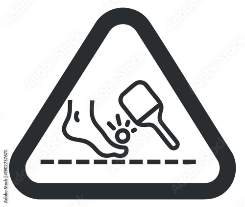 A warning sign depicting a foot and a tool in black and white vector style, suitable for occupational safety contexts