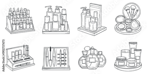 A collection of various cosmetic products including bottles, jars, and tools in outline vector style, suitable for beauty and skincare branding