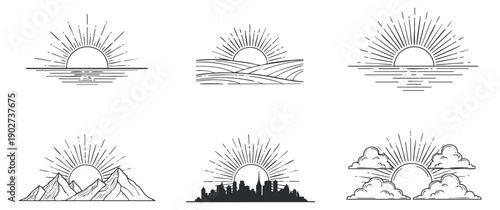 A collection of sunrise and sunset illustrations featuring mountains and cityscapes in clean outline vector style, suitable for outdoor and travel designs