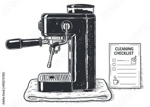 An espresso machine with a cleaning checklist in black and white minimalist vector style, suitable for coffee shop branding and equipment maintenance guides