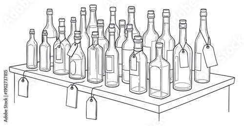 A collection of various glass bottles with tags in outline minimalist vector style, suitable for bar menus and product labeling