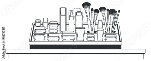 A collection of beauty and skincare products with makeup brushes on a vanity organizer in minimalist outline vector style, ideal for beauty and cosmetics branding