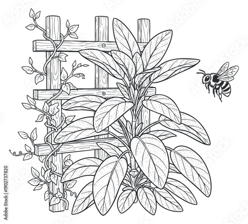 A detailed botanical illustration of a plant with leaves growing on a wooden trellis, featuring a bee in black and white line art style, ideal for nature-themed designs