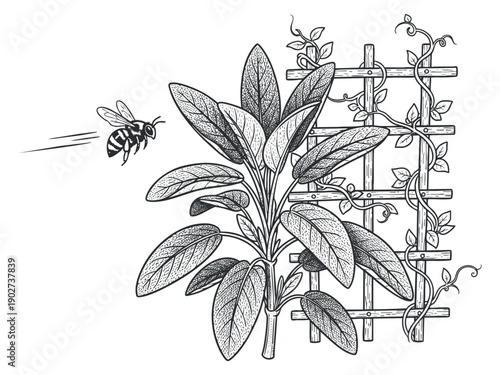 A detailed illustration of a plant with leaves and a trellis, featuring a bee flying nearby in black and white sketch style