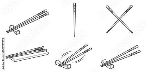 A set of various chopsticks with holders in black and white minimalist vector style, ideal for restaurant branding and menu designs
