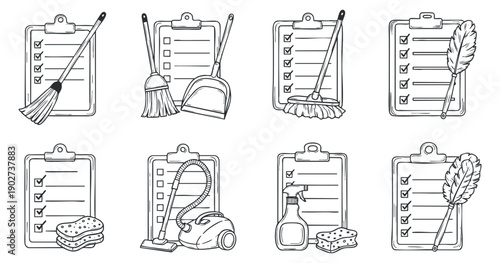 A collection of cleaning tools and checklists in black and white minimalist vector style, suitable for home organization and cleaning services