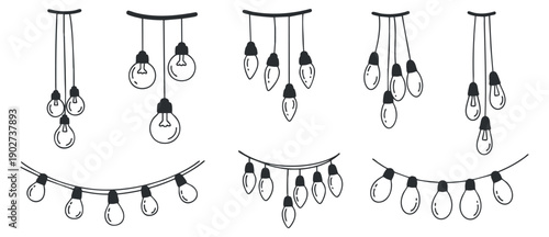 A collection of hanging light bulbs in black and white minimalist vector style, ideal for festive decorations and interior design