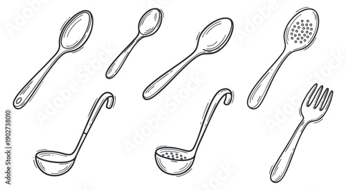 A collection of hand-drawn kitchen utensils including spoons, ladles, and a fork in black and white outline style, perfect for culinary designs