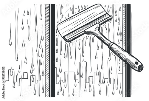 A squeegee cleaning a wet window with water droplets in detailed black and white outline vector style, ideal for cleaning service branding