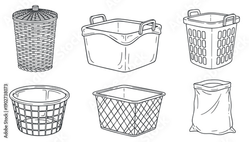 A collection of various basket designs including laundry and storage bins in clean black outline vector style, suitable for home organization projects