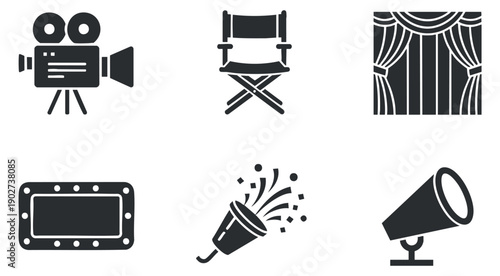 A collection of film and theater icons including a camera, director's chair, curtains, and spotlight in black and white minimalist vector style, ideal for creative projects and entertainment branding