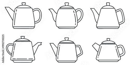 A collection of six different teapot designs in minimalist black line vector style, perfect for kitchen and restaurant branding