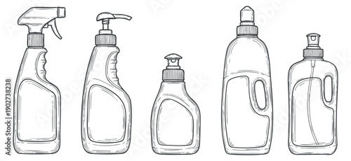 A set of cleaning product bottles in minimalist outline vector style, suitable for packaging and household design projects