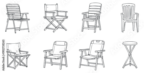A collection of eight different chair designs in minimalist outline vector style, perfect for furniture catalogs or home decor projects