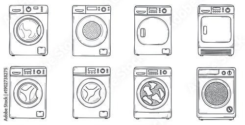 A collection of various washing machines and dryers in black and white outline vector style, ideal for home appliance design